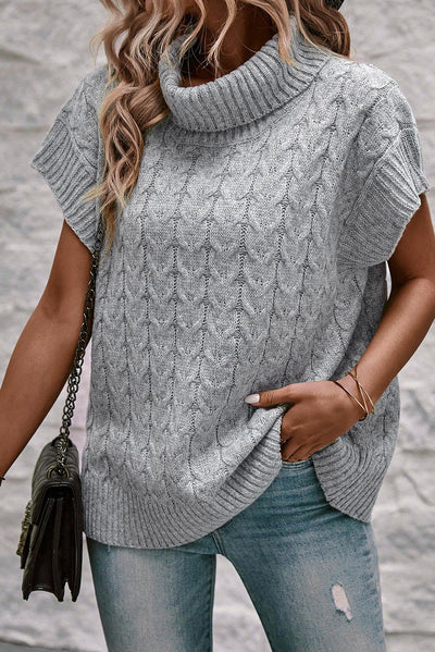 Medium Grey Cable Knit Turtleneck Batwing Sleeve Sweater-Tops-MomFashion