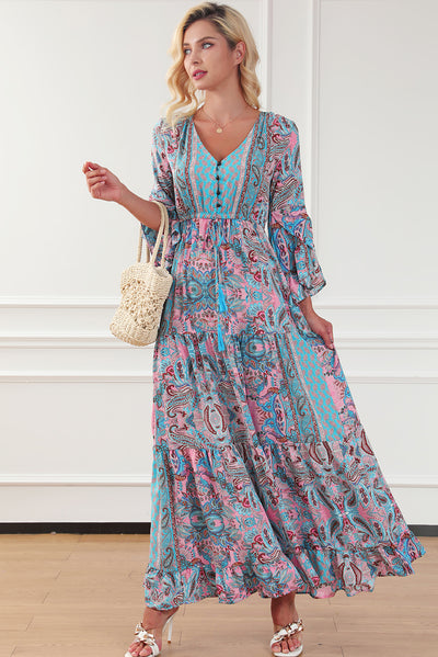 Paisley Printed Ruffle Trim Elegant Maxi Dress-Dresses-MomFashion