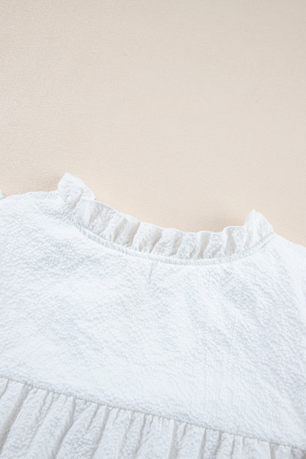 White Ruffle Accent Flutter Sleeve Notch Neck Top-Tops-MomFashion