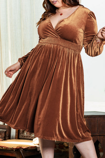 Camel Surplice V Neck Balloon Sleeve Velvet Dress-Plus Size-MomFashion