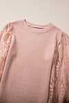 Peach Blossom Sunflower Mesh Bubble Sleeve Waffle Knit Top-Tops-MomFashion