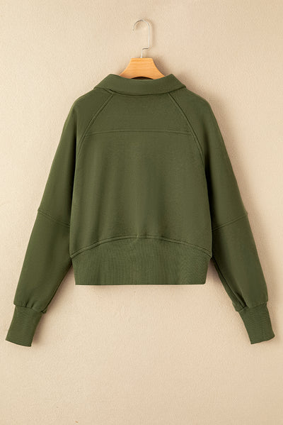 Green Zip Up Stand Collar Ribbed Thumbhole Sleeve Sweatshirt-Tops-MomFashion