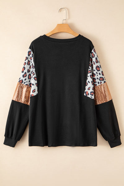 Black Leopard Sequin Patch Plus Size Long Sleeve Top-Plus Size-MomFashion