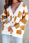 Brown Contrast Checkered Print Button Up Sweater Cardigan-Tops-MomFashion