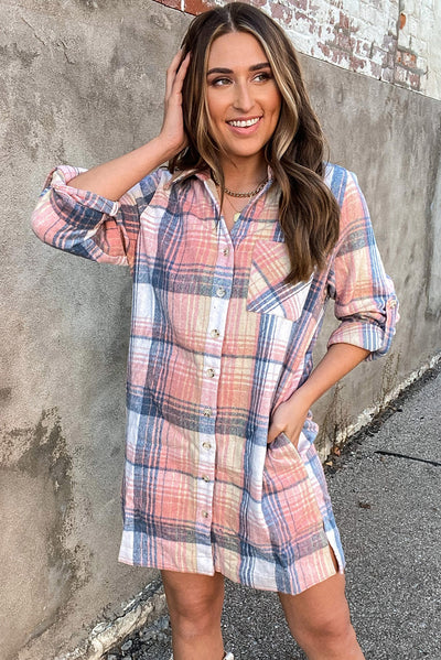 Pink Plaid Roll-tab Sleeve Side Slit Shirt Dress-Dresses-MomFashion