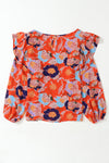 Fiery Red Floral Print Ruffle Puff Sleeve Blouse-Tops-MomFashion