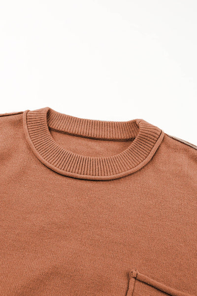 Orange Raw Edge Patch Pocket Exposed Seam Loose Sweater-Tops-MomFashion