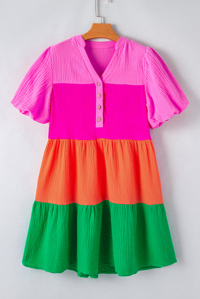 Multicolor Color Block Tiered Puff Sleeve Dress-Dresses-MomFashion