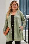 Green Plus Size Snap Buttons Front Knit Cardigan-Plus Size-MomFashion