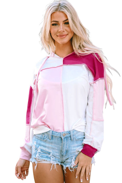 Pink Colorblock Exposed Seam Loose Sleeve Hoodie-Tops-MomFashion