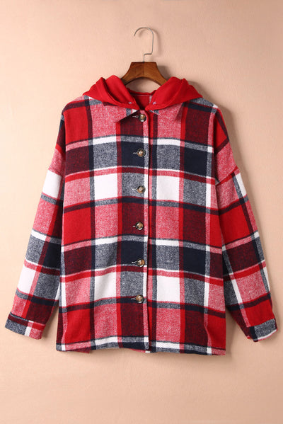 Fiery Red Hooded Plaid Button Front Shacket-Outerwear-MomFashion