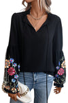 Black Floral Patched Flounce Sleeve Split Neck Blouse-Tops-MomFashion