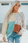 Leopard Patchwork Color Block Ribbed Long Sleeve Top-Tops-MomFashion