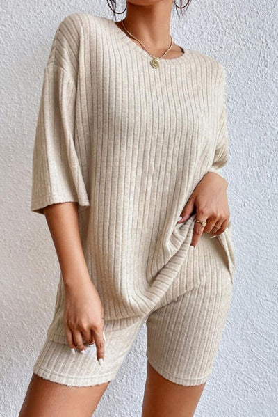 Apricot Plain Ribbed Loose Fit Two Piece Lounge Set-Loungewear-MomFashion