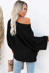 Black Exposed Seam Ribbed Knit Dolman Top-Tops-MomFashion