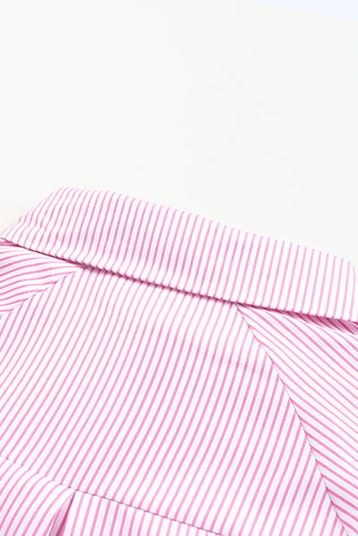 Pink Smocked Cuffed Striped Boyfriend Shirt with Pocket-Tops-MomFashion