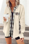 Apricot Plaid Patchwork Waffle Thermal Knit Shacket-Outerwear-MomFashion