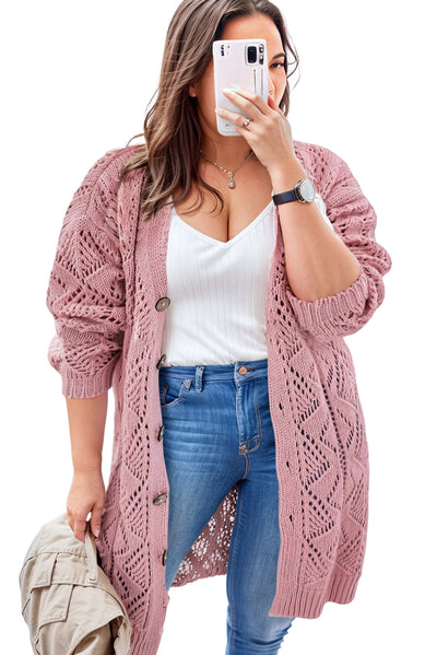 Pink Open Knit Button-Up Plus Size Cardigan-Plus Size-MomFashion