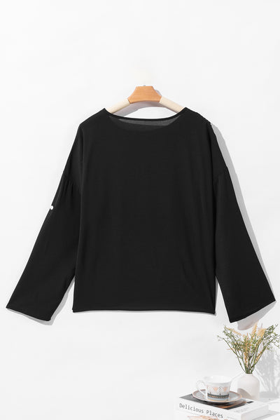 Black Roll Up Sleeve Stitching Detail Blouse-Tops-MomFashion