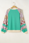 Sky Blue Plus Size Plaid Floral Patchwork Raglan Sleeve Sweatshirt-Plus Size/Plus Size Sweatshirts & Hoodies-MomFashion