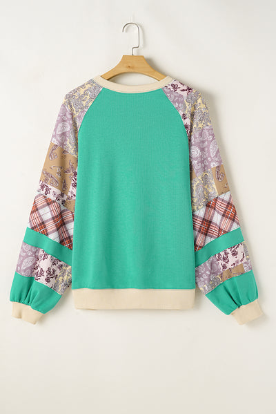 Sky Blue Plus Size Plaid Floral Patchwork Raglan Sleeve Sweatshirt-Plus Size/Plus Size Sweatshirts & Hoodies-MomFashion