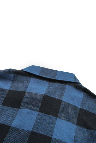 Blue Turn-down Collar Plaid Shirt Jacket-Outerwear-MomFashion