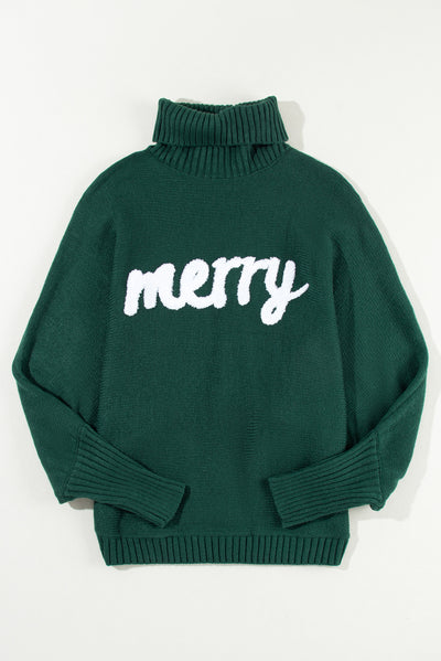 Blackish Green Merry Letter Embroidered High Neck Sweater-Tops-MomFashion