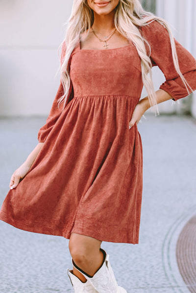 Brown Suede Square Neck Puff Sleeve Dress-Dresses-MomFashion