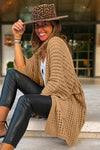 Camel Pointelle Knit Pocket Open Front Cardigan-Tops-MomFashion