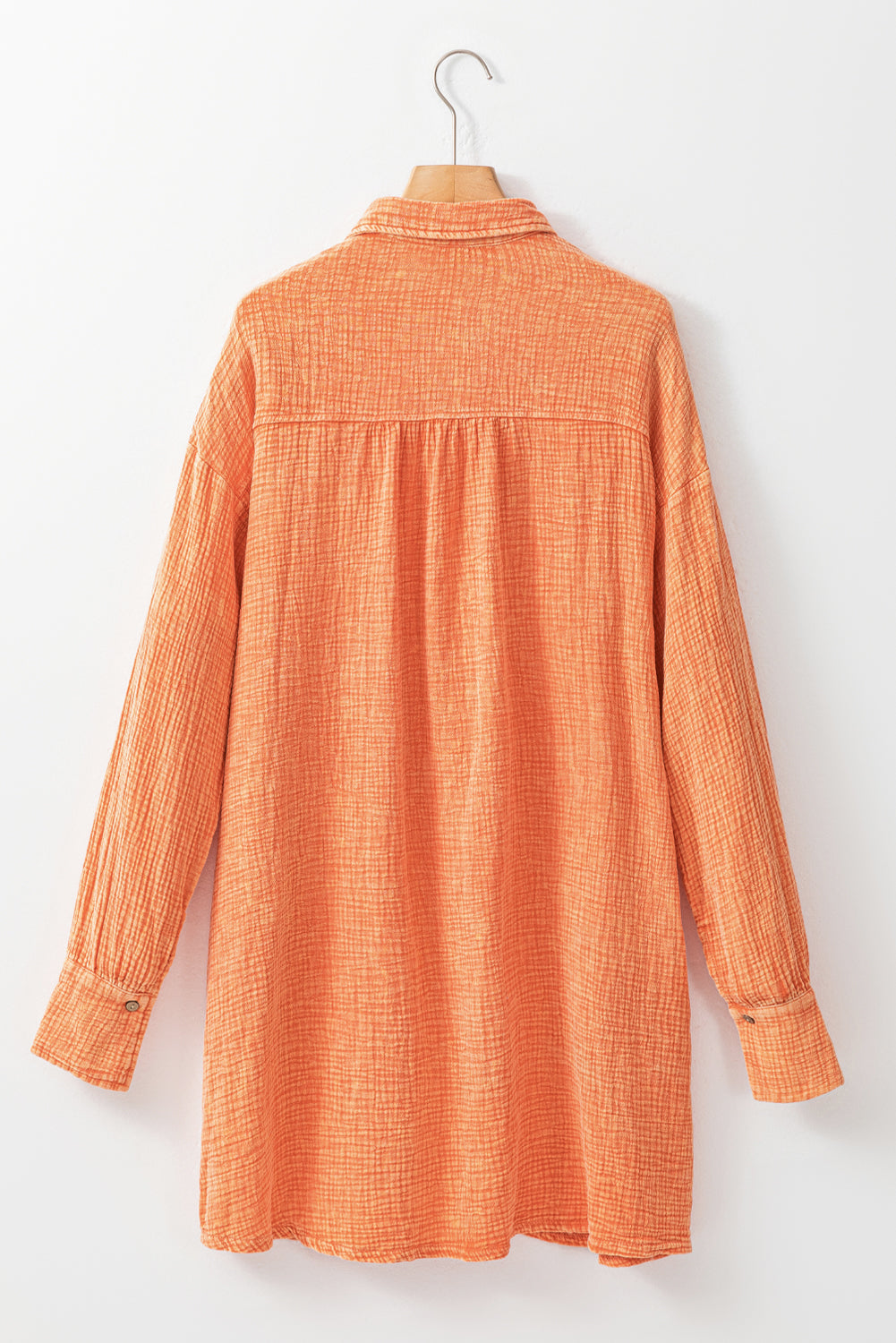 Orange Crinkled Dual Chest Pocket Oversized Shirt Dress-Dresses-MomFashion