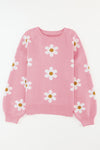 Pink Floral Pattern Drop Shoulder Sweater-Tops-MomFashion