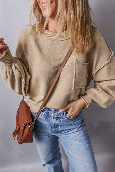 Apricot Raw Edge Patch Pocket Exposed Seam Loose Sweater-Tops-MomFashion