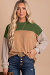 Green Color Block Long Sleeve Ribbed Loose Top-Tops-MomFashion