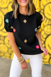 Black Embroidered Flower Short Puff Sleeve Tee-Tops-MomFashion