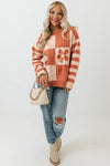 Brown Checkered Floral Print Striped Sleeve Sweater-Tops-MomFashion