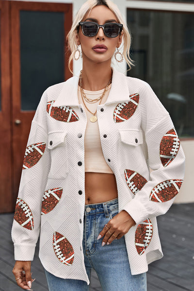 Beige Bubble Gum Texture Sequined Football Shacket-Outerwear-MomFashion