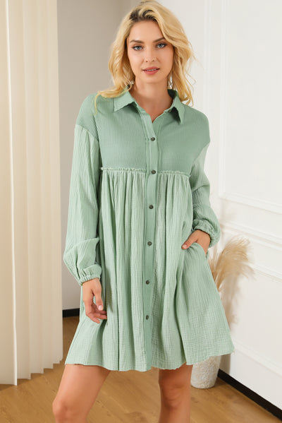 Green Patchwork Crinkle Puff Sleeve Shirt Dress-Dresses-MomFashion