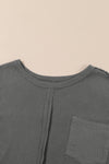 Gray Exposed Seam Patchwork Bubble Sleeve Waffle Knit Top-Tops-MomFashion