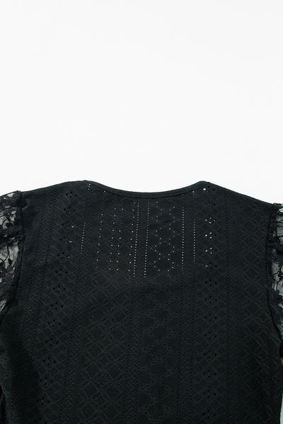 Black Frenchy Contrast Lace Bishop Sleeve Bodysuit-Tops-MomFashion