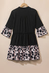 Black Leopard Trim V Neck Ruffled Sleeve Flared Dress-Dresses-MomFashion