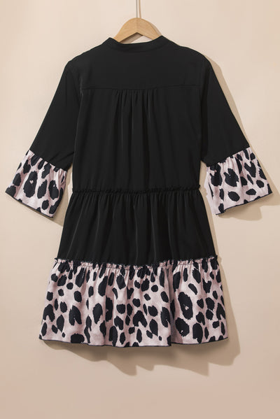 Black Leopard Trim V Neck Ruffled Sleeve Flared Dress-Dresses-MomFashion