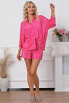 Rose 3/4 Sleeves Pleated Shirt and High Waist Shorts Lounge Set-Loungewear-MomFashion