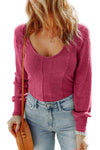 Rose U Neck Textured Long Sleeve Top-Tops-MomFashion