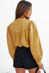 Yellow Puff Sleeve Pleated Loose Shirt-Tops-MomFashion