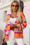 Orange Striped Colorblock Drop Shoulder Slouchy Cardigan-Tops-MomFashion