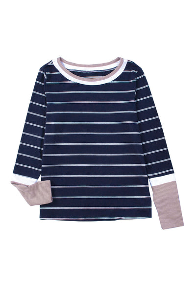 Blue Extend Color Block Cuffs Rib Knit Striped Pullover-Tops-MomFashion