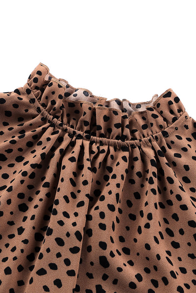 Brown Frilled Neck 3/4 Sleeves Cheetah Blouse-Tops-MomFashion