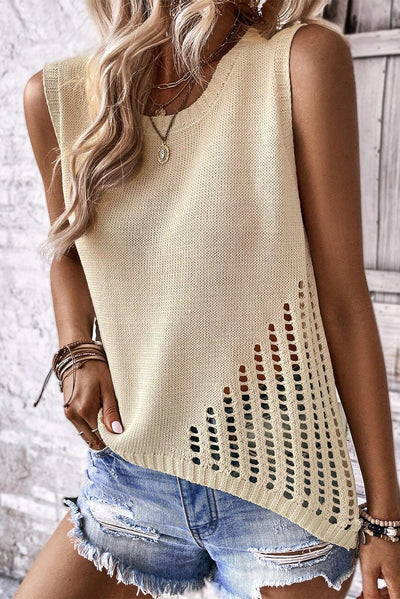 Beige Pointelle Detail Solid Color Knit Sweater Vest-Tops-MomFashion