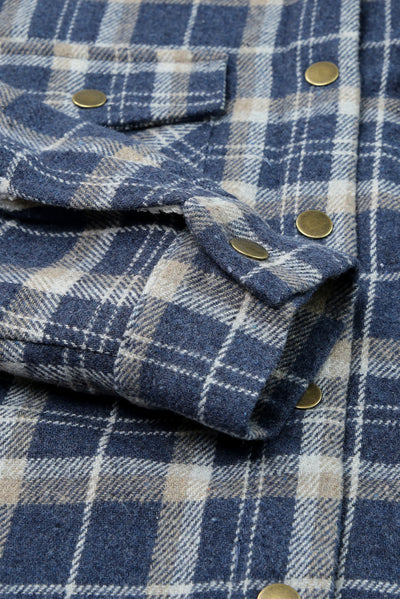 Blue Plaid Pattern Sherpa Lined Hooded Shacket-Outerwear-MomFashion