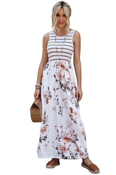 White Striped Floral Print Sleeveless Maxi Dress with Pocket-Dresses-MomFashion